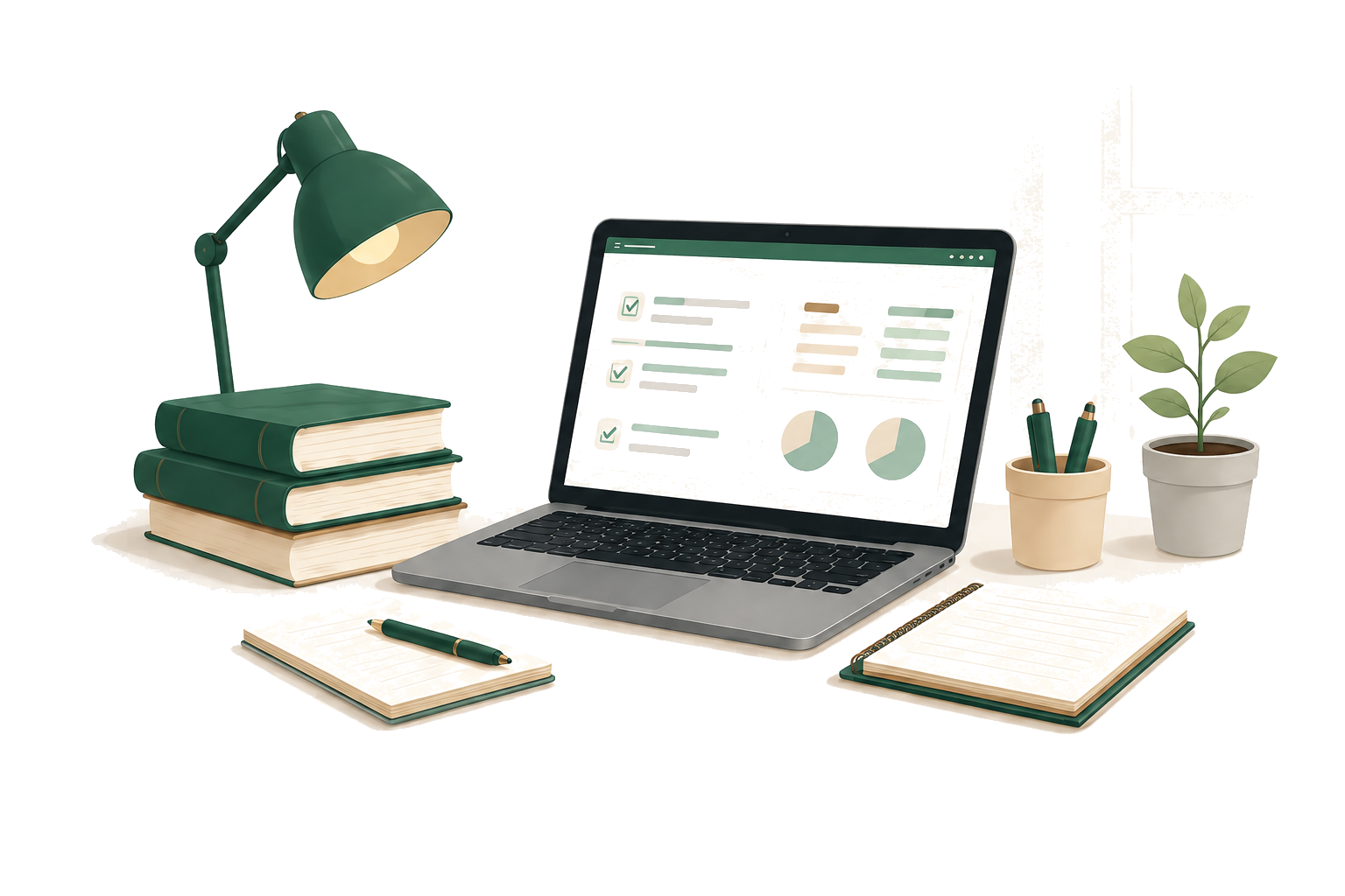 Ilustrasi Sarka dengan laptop, buku, dan perlengkapan belajar